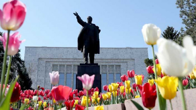 Ленин реже лозе в Украйна с българска носия и калпак